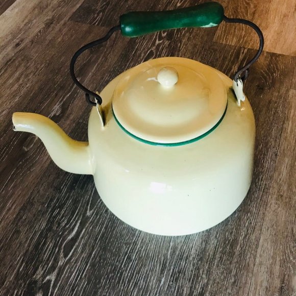 Other - Vintage cream and green enamel kettle tea